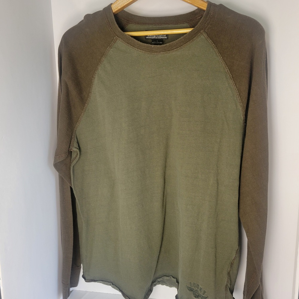 Lucky Brand Mens Vintage Inspired Raglan Long Sleeve Shirt Green Brown Large